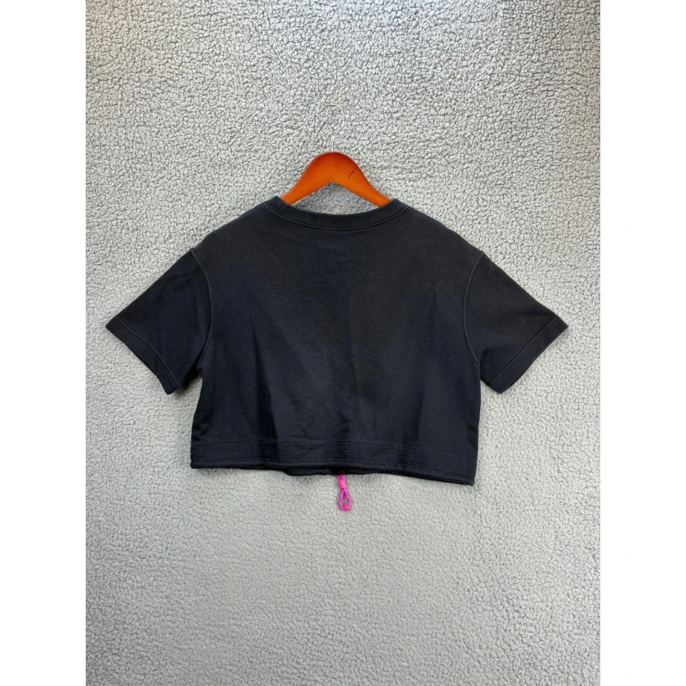 Nike Graphic Swoosh Short Sleeve Cropped T-Shirt Womens S Black Pink Cinch Hem